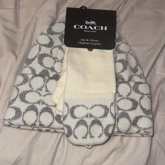 NWT Coach White & Silver Logo Hat Beanie & Gloves Set - Picture 2 of 3